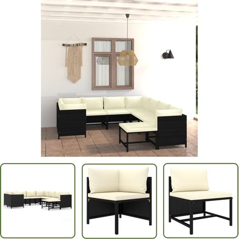 The Living Store 9-tlg. Garten-Lounge-Set mit Kissen Poly Rattan Schwarz - Gartensessel - Loungesessel - Outdoor-Möbel - Gartenmöbel - Rattanmöbel (1/5)