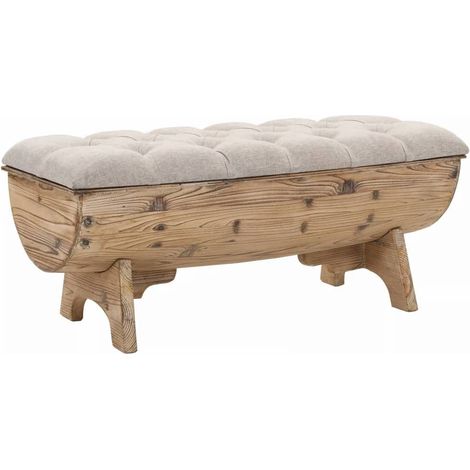 Banc avec rangement en forme de tonneau bois de sapin et tissu crème Vinto (1/5)