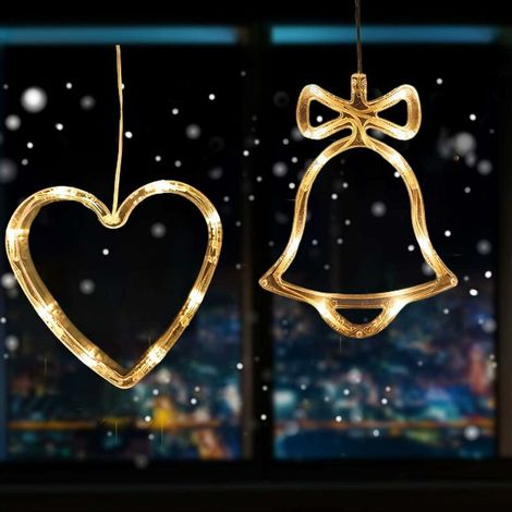 2 pcs LED Christmas Lights Indoor Battery Operated Hanging Window Light with Suction Cup Warm White for Holiday Birthday Wedding Christmas Party Shop Window Decorations (Heart and Bell) (1/5)