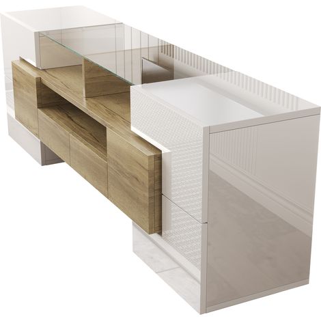 Lowboard TV 145 cm, laqué blanc et bois à LED multicolore, banc télévision blanc et bois en panneaux de particules, tiroirs, niche LED et rangements fermés, meuble TV moderne pour salon et séjour (1/5)