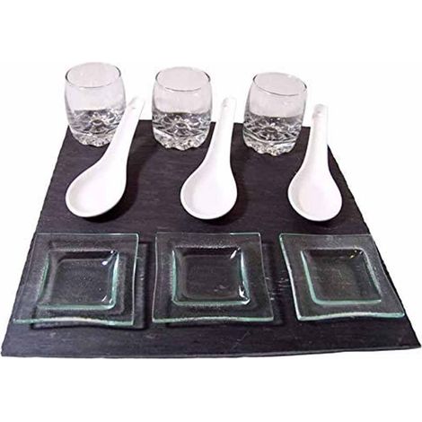 Set aperitivo con vassoio in ardesia bicchiere salsiera piattini in vetro cucchiaioni in ceramica per buffet e aperitivi (1/2)