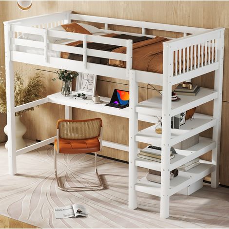 Letto a soppalco 90x200 cm bianco in pino e MDF con scrivania e scaffali (1/5)