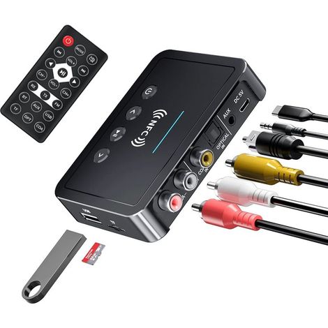 Adaptateur Bluetooth,M6 NFC Émetteur Récepteur Bluetooth 5.0, Mini Transmetteur FM Bluetooth Jack 3-en-1 3.5mm AUX/RCA Adaptateur Audio Bluetooth pour TV/PC/Voiture Audio (1/5)