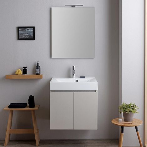 Mueble De Baño Suspendido De 60Cm Puertas Gris Perla, Lavabo, Espejo Y Lámpara Valentina (1/5)