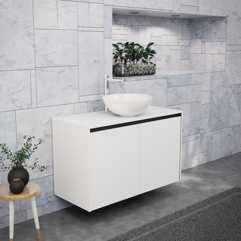 Inda - Badezimmerschrank B.100 mit Aufsatzwaschbecken / Mattweiß 2 Türen - Saphir (1/5)