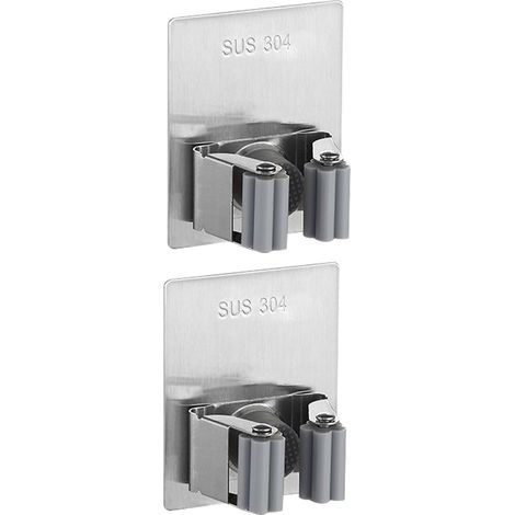 Lot de 2 supports de balai/serpillère en acier inoxydable, fixation murale sans perçage, pour la maison, la salle de bain, la cuisine, le jardin et le garage. (1/5)