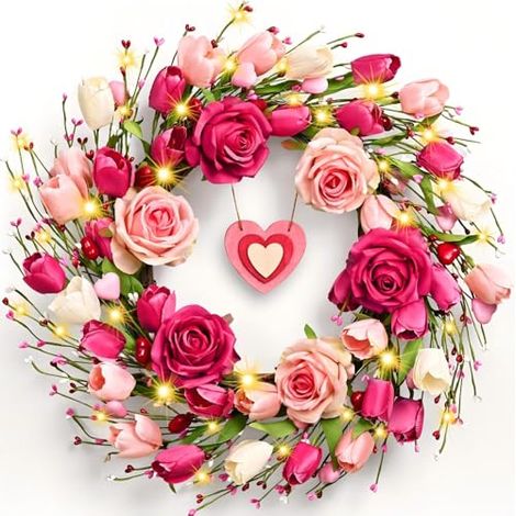 Couronne de roses et de tulipes pour la Saint-Valentin, arche florale pour la Saint-Valentin, décoration de fête, 45 cm (sans la lumière) (1/5)