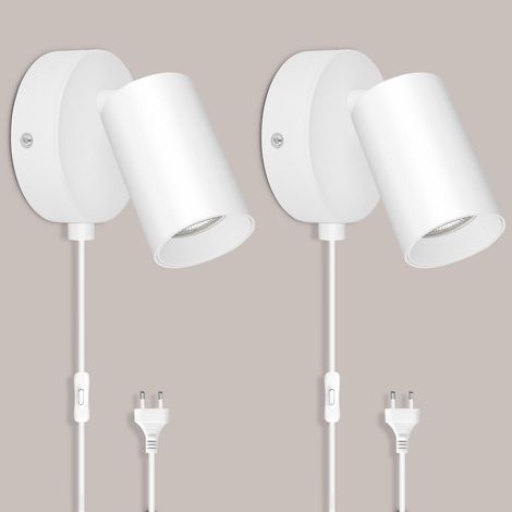 Applique Murale avec Prise et Interrupteur GU10 Blanc Lot de 2 Lampe de Chevet Murale Moderne Tourner 350 Lampe Murale pour Chambre 1 virgule 2 m 7W (1/4)