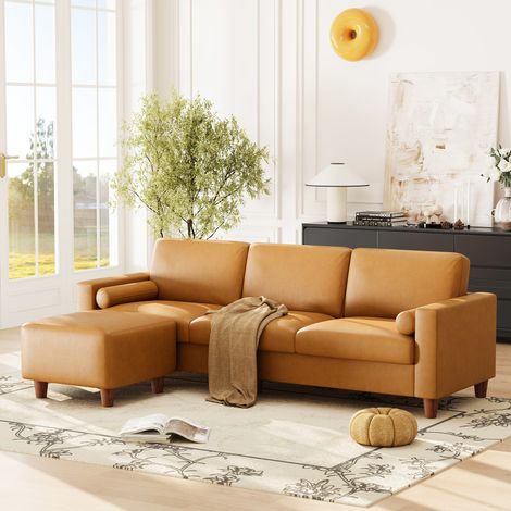 Luxuriöses Dreisitzer-Sofa aus Kunstleder mit beweglichem Hocker, Holzrahmen, wasserdicht und pflegeleicht, für Wohnzimmer, 234x155x88cm, Orange