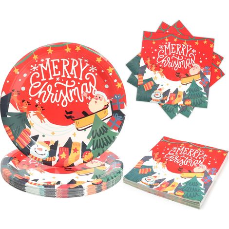 Vaisselle de Noel Jetable En Papier Et Serviettes De Noël 50 Pièces, 23cm Assiette Motif Père Noël Rouge, pour 25 Convives, pour Noël Fêtes Décoration (1/5)