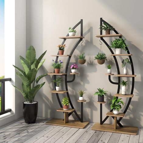 COSTWAY Set de 2 Estantería Metálica para Plantas de 7 Niveles, Soporte Curvado en Forma de Media Luna con Gancho Superior, Dispositivo Antivuelco, Estantería Metálica Moderna para Flores para Balcón (1/5)