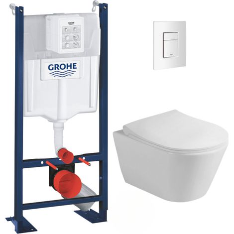 Grohe Pack WC Bâti autoportant + WC sans bride Lucco Avva + Abattant softclose + Plaque blanche (ProjectAvva-4) (1/5)