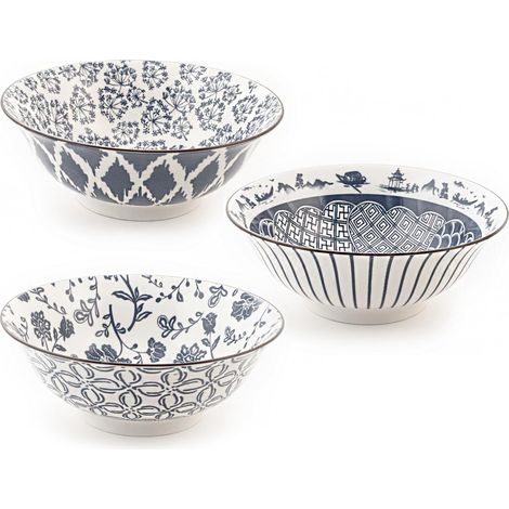 H&H Seta Set 3 Coppe Poke in Porcellana, Tonde, Decori Assortiti, 21cm (1/3)
