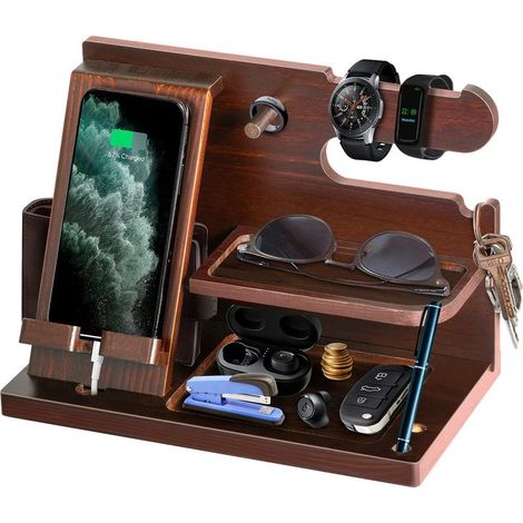 Cadeau Original homme Support Bois Téléphone Bureau et Montre Organisateur de Table pour Fête des Pères