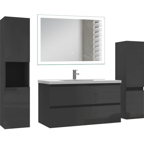 Ocean Ensemble de Meuble salle de bain 99 cm noir Haut Brillant, miroir led + colonne 110cm + colonne 131.5cm