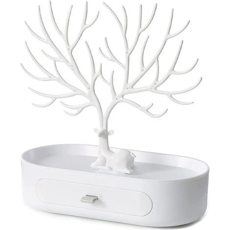 Weißer Schmuckhalter, Schmuckbaum, Schmuckständer mit Schublade, Schmuckbaum für Ringe, Schmuckständer Vögel, zur Aufbewahrung von Halsketten, Ohrringen, Ringen, Armbändern, Halsketten und Uhren (Weiß (1/5)