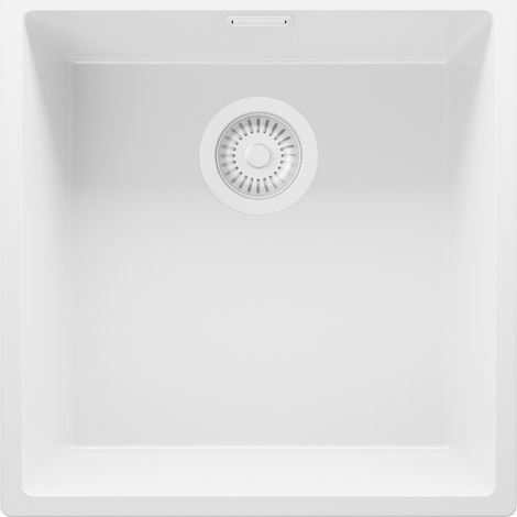 PRIMAGRAN Evier Sous Plan 46x47cm, Evier en Granit 1 bac + Kit de Vidage, Évier au meuble 50cm - London, Tout Blanc (1/5)