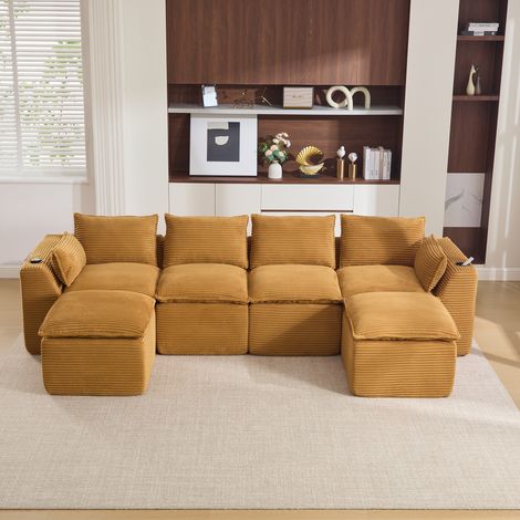 Modulares 4-Sitzer-Sofa mit 2 Hockern, Getränkehalter und Seitentaschen, Orange (1/5)
