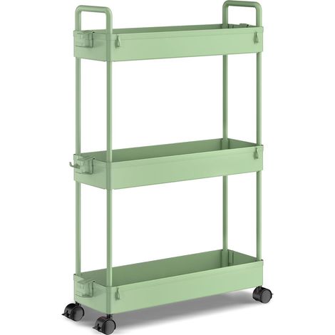 3-stöckiger Aufbewahrungswagen – 1 Stück – Grüner Kunststoff – Mobil mit Rollen – Küche/Bad – 13 x 40 x 72 cm (1/5)