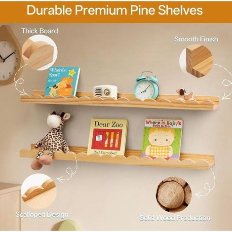 Lot de 4 étagères murales pour livres d’enfants – Étagères flottantes en bois festonnées pour chambre de bébé et chambre d’enfant