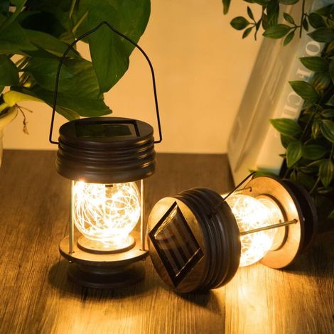 Lanterne portative,Lot de 2 lanternes solaires à suspendre pour jardin, lampe de table LED vintage avec poignée pour allée, cour, terrasse, décoration d'arbre, plage, pavillon (lumière chaude) (1/5)