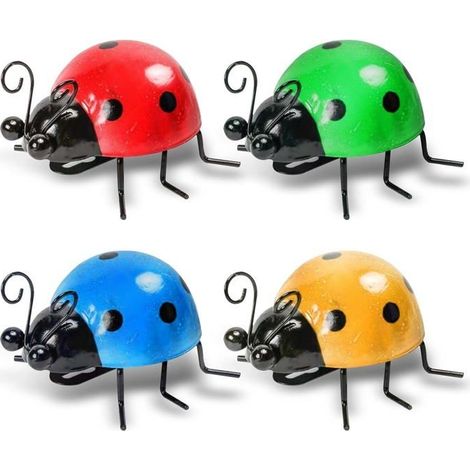 4 pièces–Décoration murale coccinelles métal rouge, jaune, bleu, vert–Décor joyeux pour jardin, balcon, terrasse ou mur extérieur