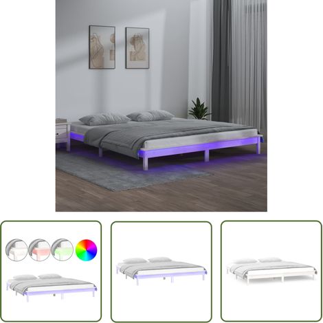 The Living Store Massivholzbett mit LEDs Weiß 135x190 cm - Holzbett - Doppelbett - Kiefernholzbett - Weißes Bett - LED-Bett (1/5)
