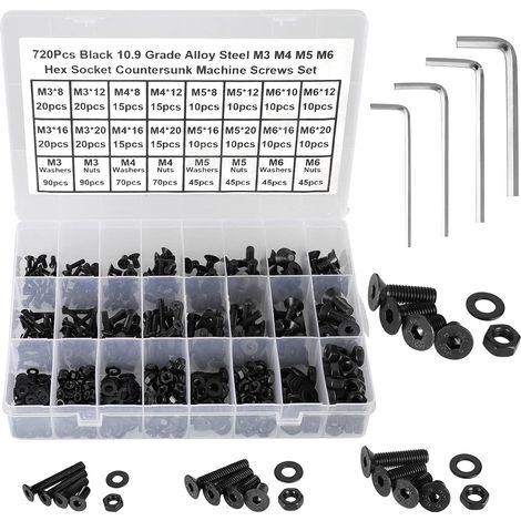 720 Pièces Vis à Tête Fraisée Hexagonale, Vis à Six Pans Creux, M3/M4/M5/M6, Vis à métaux Tête Plate en Acier allié de qualité 10,9 Noir, Boulons et écrous Rondelles Avec 4 Clés Hexagonales. (1/5)