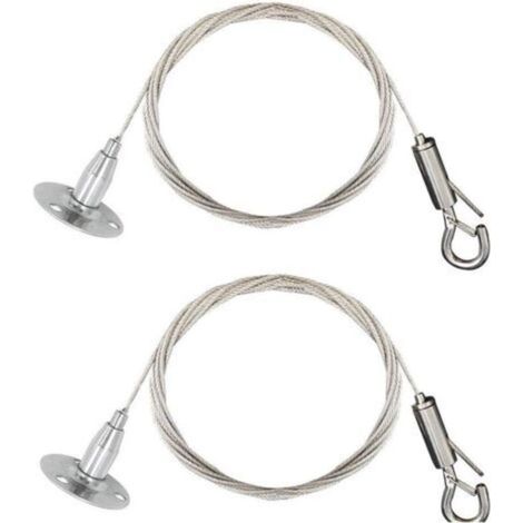 - Lot de 2 câbles en acier inoxydable avec serrage automatique - Crochet à verrouillage suspendu et disque - Pour suspendre soi-même une pancarte lumineuse,une lampe - 2m - Maximum 30