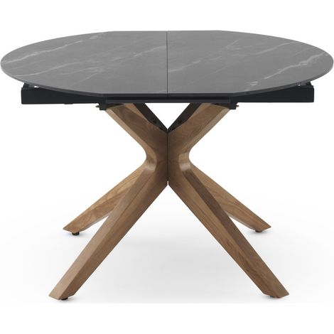 Table ronde extensible 120/160 x 90 cm, piètement en chêne, plateau en céramique effet marbre noir Verona (1/5)