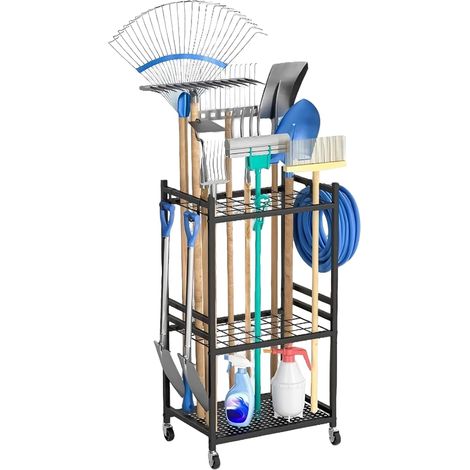 Étagère Outils Jardin 3 Niveaux - Acier Carbone - Mobile avec Roues 360° et Crochets - Garage Abri Extérieur - 43x30x80 cm (1/5)
