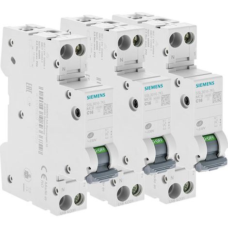 SIEMENS LOT 3 disjoncteurs modulaires 16A 230V, 4,5kA, 1+N POLES, COURBE C (1/4)