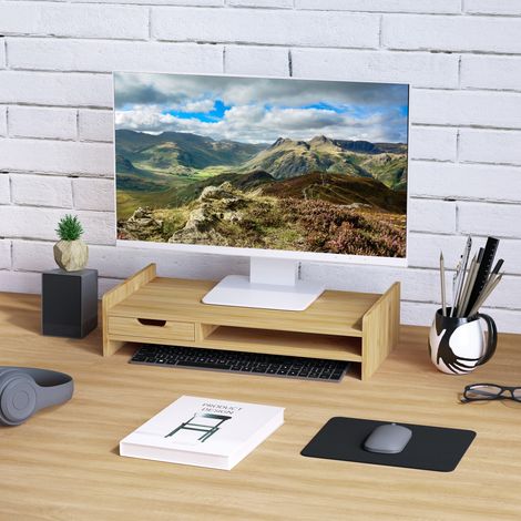 Supporto per monitor con cassetto, rialzo per schermo, supporto per monitor, supporto per schermo per PC, notebook, stampante, 49 x 25,5 x 11,5 cm, naturale