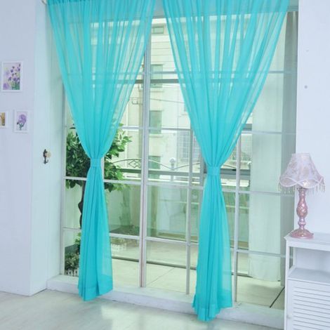 Rideaux transparents à deux panneaux pour le salon – bande plissée, ourlet lesté, tissu 100 % polyester, bleu paon, 100 x 270 cm