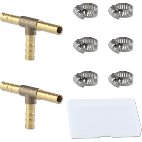 Lot de 2 raccords en T en laiton cannelé, 6 mm (1/4") de diamètre intérieur, raccord de tuyau en T avec 6 pinces de tuyau, réducteur cannelé à 3 voies, raccord de tuyau cannelé en T (1/5)