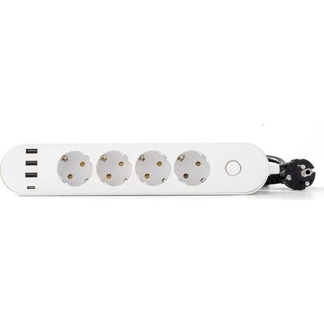Multiprise 4 Prises 16A + 4 USB (3 USB A + 1 USB C PD20W) avec Interrupteur, Câble 2M, Blanc
