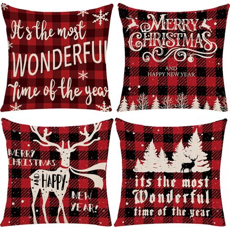 Funda De Almohada Navideña - Lino Y Algodón 100% - Diseño Árbol Navidad Ciervo Copo De Nieve - 4 Unidades - Para Almohadas 45 X 45 Cm (1/5)