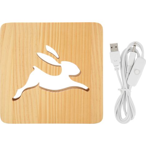 Lampe LED Lapin 3D en Bois Clair Design Creux, Veilleuse Protectrice des Yeux pour Chambre Salon Bureau (1/5)