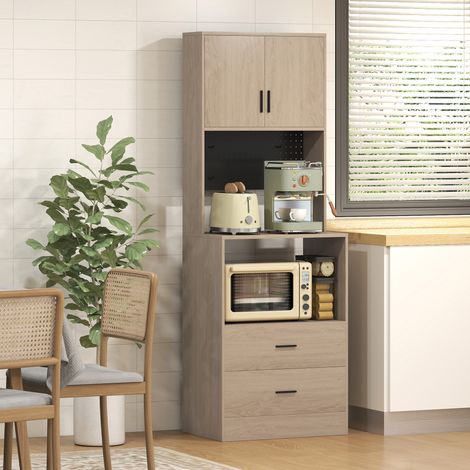 Meuble micro-ondes buffet plan de travail 4 crochets panneau perforé étagère réglable naturel 2 portes 2 tiroirs aménagement intérieur (1/5)