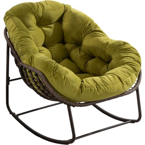 Fauteuil à bascule d'extérieur en rotin synthétique avec coussin rembourré, vert olive, pour terrasse et salon (1/5)
