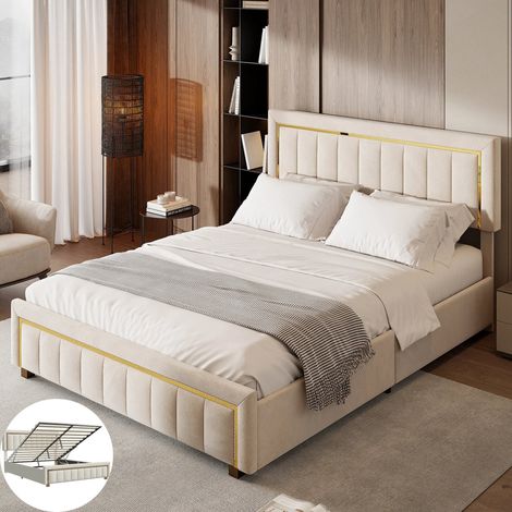 Lit coffre 160x200 cm,chambre complete adulte,Garniture dorée,hydraulique Rangement,tissu en velours,cadre de lit deux place,Beige (1/5)