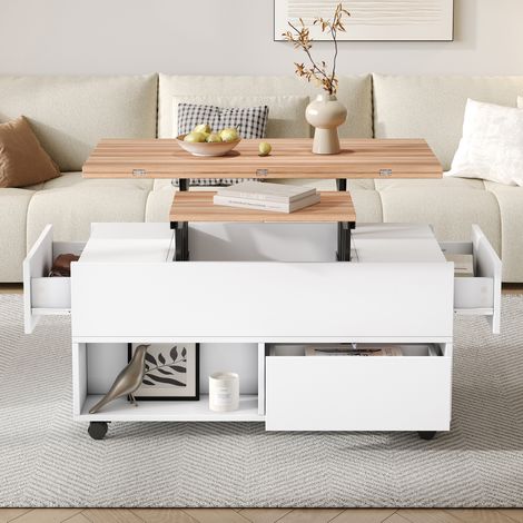 Mesa de centro 100x50x52 cm blanco y roble en tablero de partículas con 4 cajones, ruedas y tapa elevable extensible (1/5)