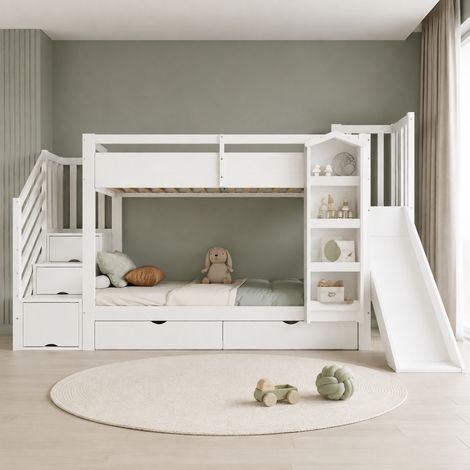 DESMIU Lit Mezzanine Enfant 1 Place avec Toboggan, Bibliothèque, 2 Tiroirs et Escalier 90 × 200 cm Sans Matelas (1/5)