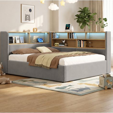 Etagenbett 140/190 cm in velluto grigio con contenitore idraulico, LED e porte USB/USB-C (1/5)