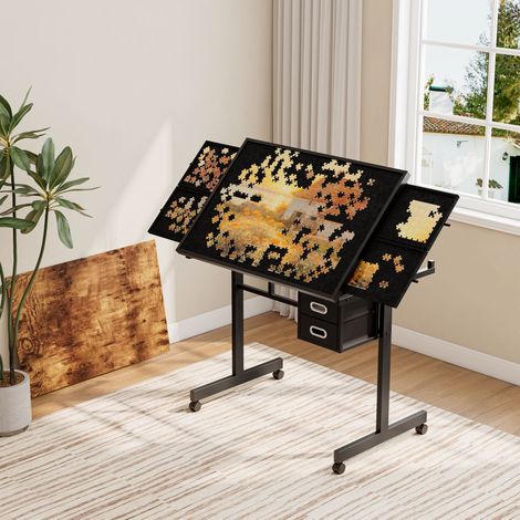 Mesa para puzle de 1000 piezas con tapa de madera, 4 ruedas, 4 cajones de fieltro y 2 cajones, color negro. (1/5)