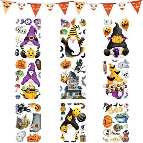 Autocollants pour fenêtres d'Halloween (9 feuilles) - Décorations de fête d'Halloween avec le Père Noël mignon et effrayant Stickers décoratifs pour bureau, chambre, vitres, miroirs, murs et autres s (1/5)