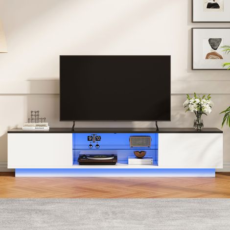 Meuble TV 160x32x35cm, avec éclairage LED réglable, 2 étagères ouvrantes en verre, 2 Portes, meuble tele, Blanc+Noir