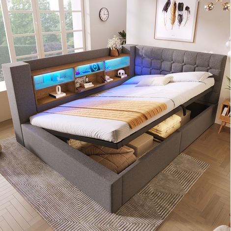 Cama con almacenaje 140x200 cm gris de lino con LED, puertos USB y cabecero reversible (1/5)