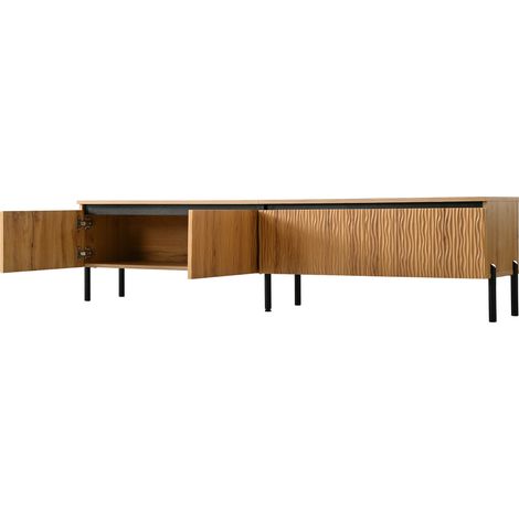 Meuble TV avec 4 portes à relief ondulé, structure en PB+MDF, pieds métalliques, finition naturelle (1/5)