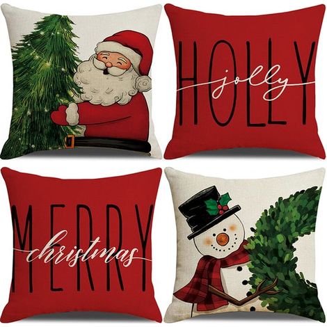 Housses de coussin de Noël, taies d'oreiller en lin, coussins décoratifs pour canapé, lot de 4, housses de coussin décoratives de Noël modernes, 45 x 45 cm, lin 35 (1/5)